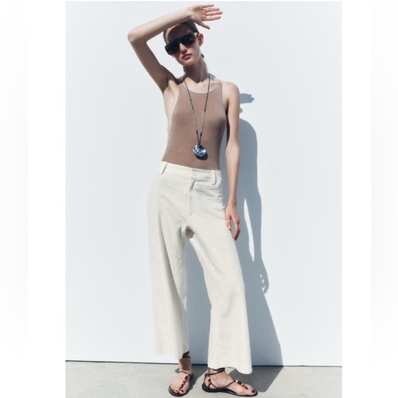 Zara ZW Collection Embroidered Ecru Linen Blend Pants XS - Picture 1 of 10